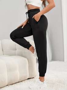 Pantalones deportivos con estampado de letra de cintura con cordón - Negro - Ver 4