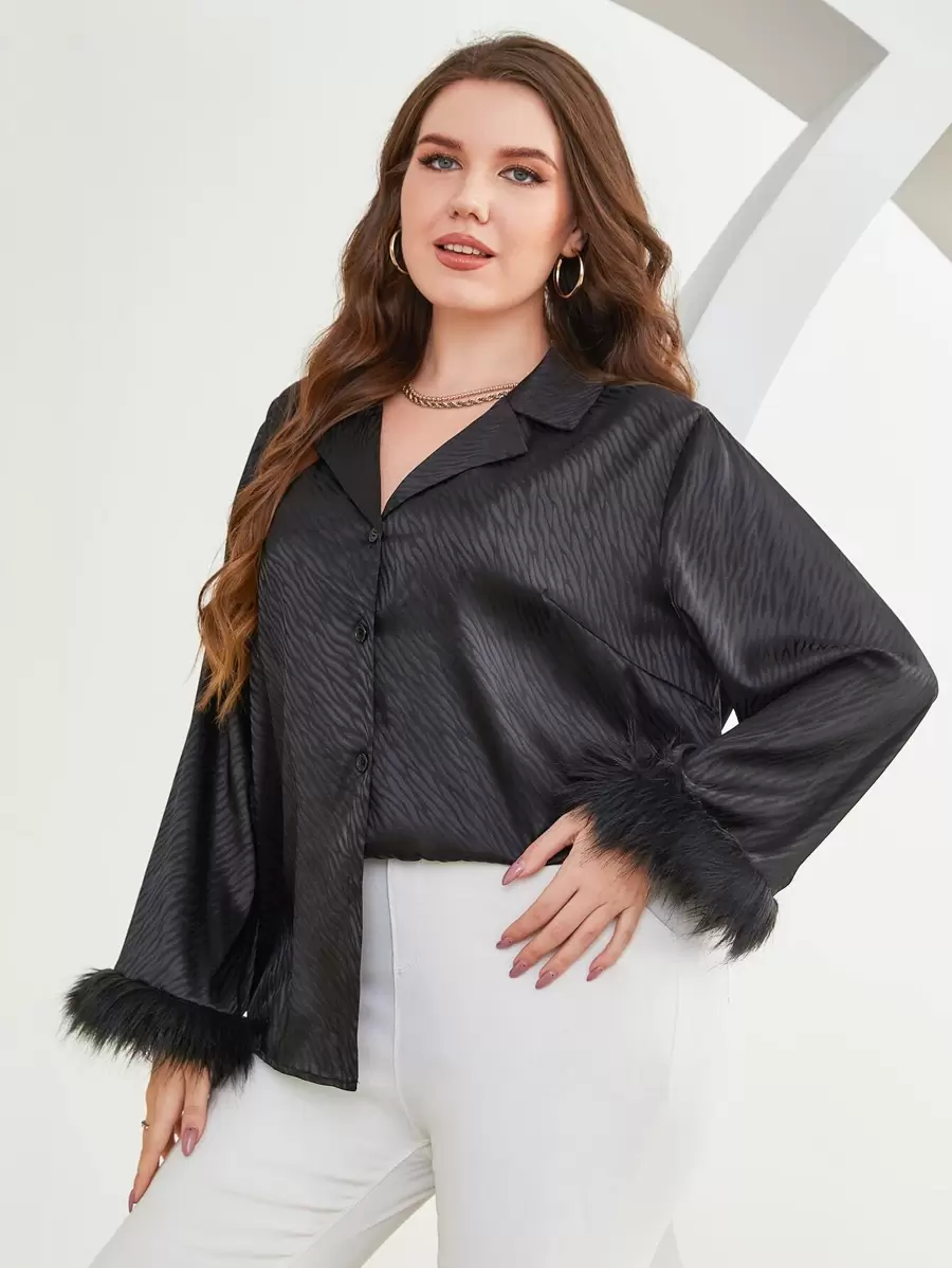 Modelyn Áo sơ mi nữ cổ ve lật có thêm lớp lông - màu đen - Xem 1