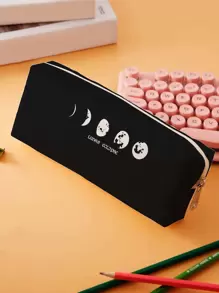 1pc Moon & Letter Graphic Pencil Case - Black and White - View 1