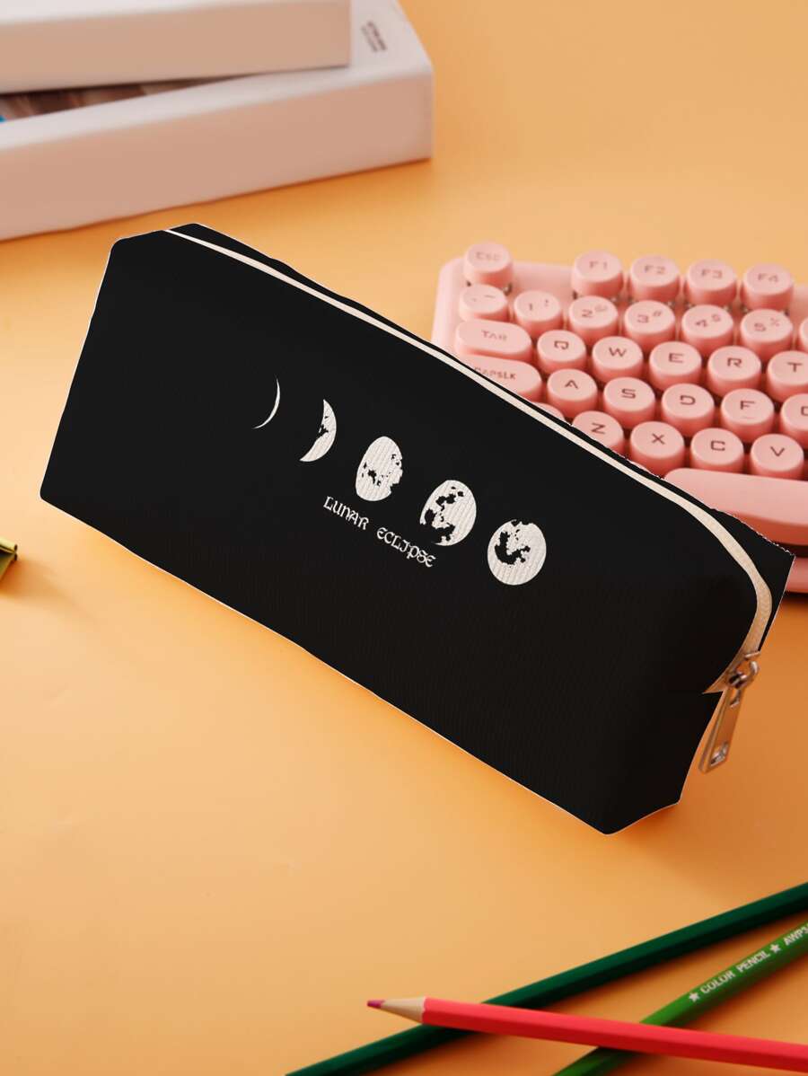 1pc Moon & Letter Graphic Pencil Case - Black and White - View 1