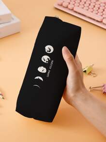 1pc Moon & Letter Graphic Pencil Case - Black and White - View 2