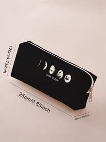 1pc Moon & Letter Graphic Pencil Case - Black and White - View 3