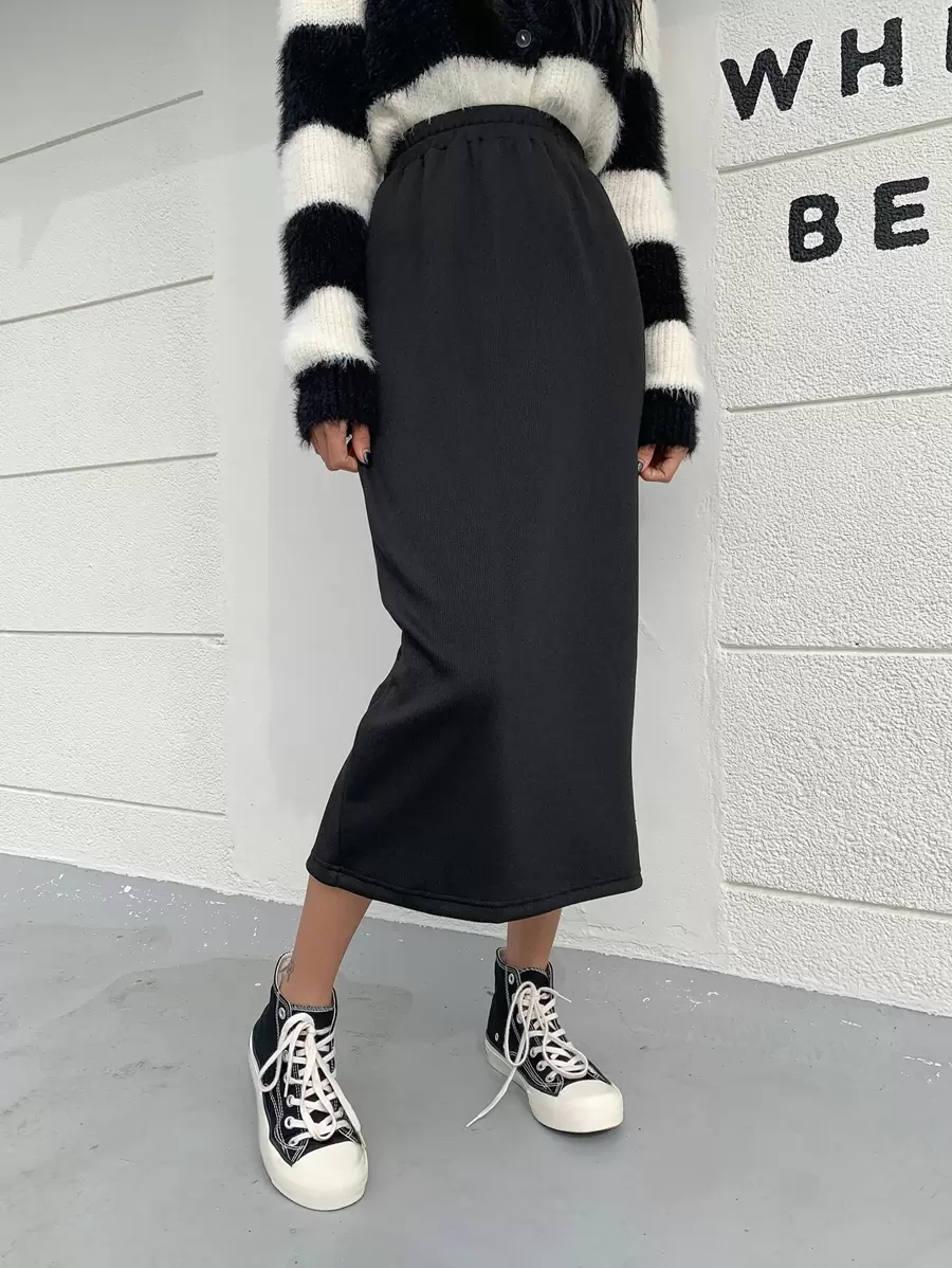 DAZY Solid Split Back Skirt,Pencil Skirt Fall,Winter - Black - View 1