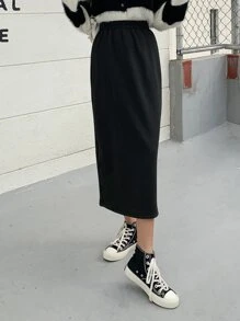 DAZY Solid Split Back Skirt,Pencil Skirt Fall,Winter - Black - View 6