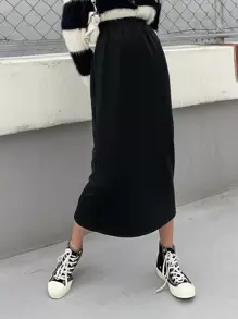 DAZY Solid Split Back Skirt,Pencil Skirt Fall,Winter - Black - View 8