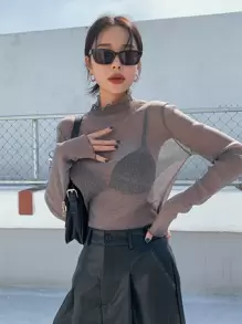 DAZY 生菜花边高领网眼上衣，无胸罩，透明，海滩装长袖女式上衣 - 淺灰色 - 查看 1