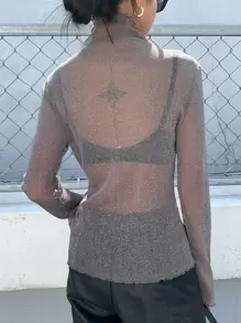 DAZY 生菜花边高领网眼上衣，无胸罩，透明，海滩装长袖女式上衣 - 淺灰色 - 查看 2