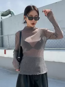 DAZY 生菜花边高领网眼上衣，无胸罩，透明，海滩装长袖女式上衣 - 淺灰色 - 查看 4