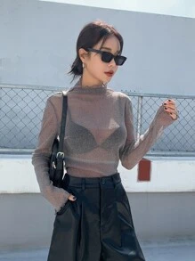 DAZY 生菜花边高领网眼上衣，无胸罩，透明，海滩装长袖女式上衣 - 淺灰色 - 查看 6