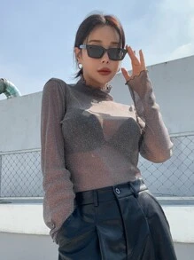 DAZY 生菜花边高领网眼上衣，无胸罩，透明，海滩装长袖女式上衣 - 淺灰色 - 查看 8