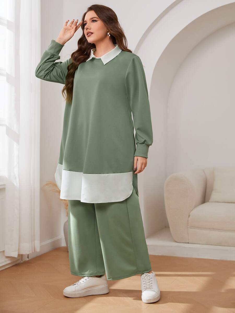 Mulvari Plus 2 In 1 Keyhole Back Top & Wide Leg Trousers - Mint Green - View 1