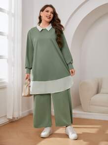 Mulvari Plus 2 In 1 Keyhole Back Top & Wide Leg Trousers - Mint Green - View 3