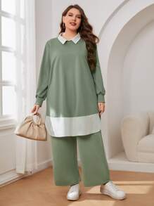 Mulvari Plus 2 In 1 Keyhole Back Top & Wide Leg Trousers - Mint Green - View 6