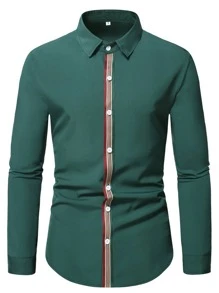 Manfinity Áo sơ mi Nam Nút phía trước Sọc Giải trí - Màu xanh lá cây đậm - Xem 1