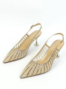 时尚、优雅、透气、多功能、全水钻后带、金色高跟鞋、性感、派对、工作、日常、户外、时尚女式高跟鞋 - 金色 - 查看 3