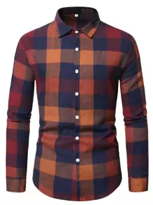 Manfinity Homme 男式水牛格子印花修身长袖纽扣领图案彩色衬衫，秋季