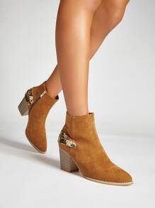 Faux Suede Geometric Decor Chunky Heeled Classic Boots - Camel - View 1