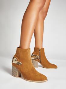 Faux Suede Geometric Decor Chunky Heeled Classic Boots - Camel - View 3