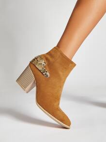 Faux Suede Geometric Decor Chunky Heeled Classic Boots - Camel - View 4