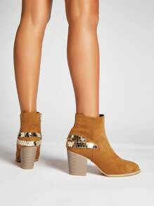 Faux Suede Geometric Decor Chunky Heeled Classic Boots - Camel - View 5