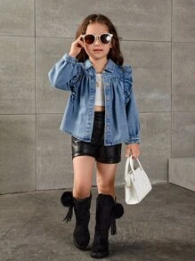 Niñas Camisa mezclilla ribete con fruncido - Azul lavado medio - Ver 1