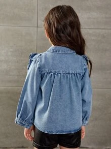 Niñas Camisa mezclilla ribete con fruncido - Azul lavado medio - Ver 2