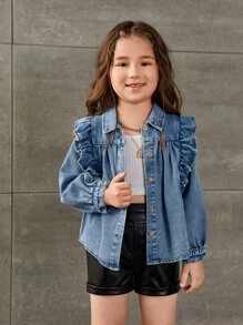 Niñas Camisa mezclilla ribete con fruncido - Azul lavado medio - Ver 6