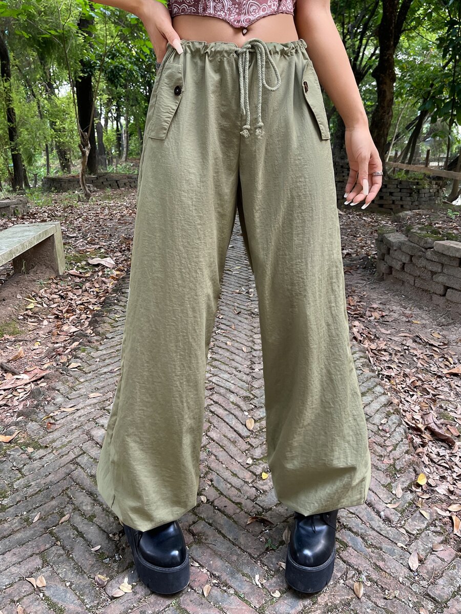ROMWE PUNK Drawstring Waist Flap Pocket Wide Leg Parachute Trousers - Mint Green - View 1