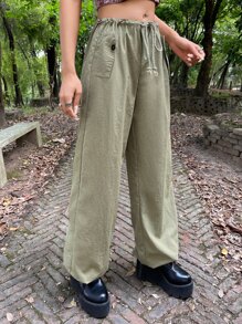 ROMWE PUNK Drawstring Waist Flap Pocket Wide Leg Parachute Trousers - Mint Green - View 3