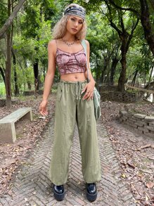 ROMWE PUNK Drawstring Waist Flap Pocket Wide Leg Parachute Trousers - Mint Green - View 4