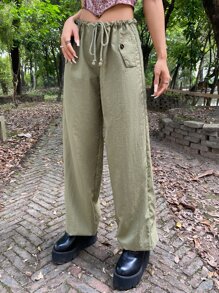 ROMWE PUNK Drawstring Waist Flap Pocket Wide Leg Parachute Trousers - Mint Green - View 5