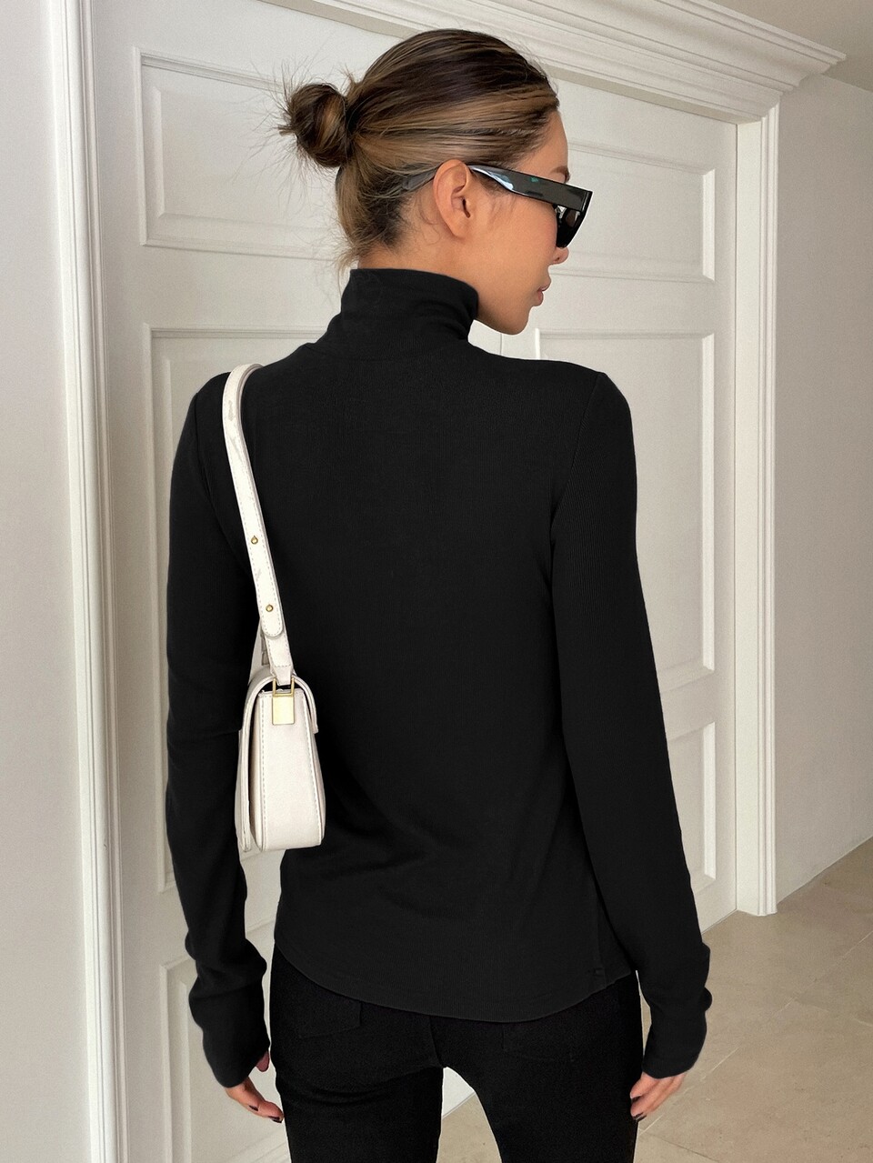 High Neck Slit Hem Tee Long Sleeve Women