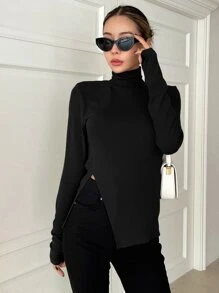 DAZY Áo thun cổ cao tay dài xẻ tà dành cho nữ - màu đen - Xem 4