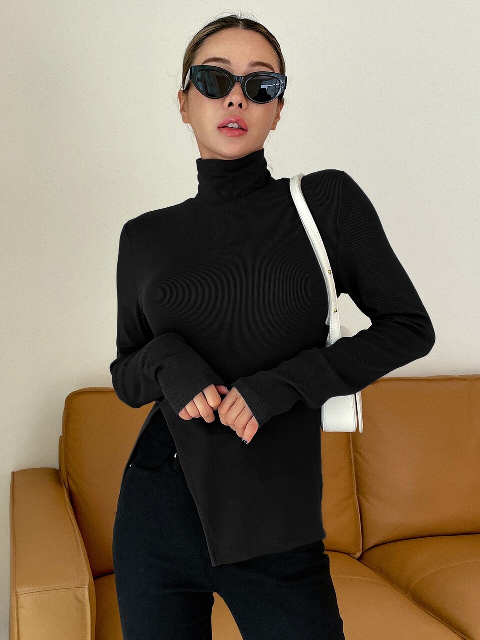 High Neck Slit Hem Tee Long Sleeve Women