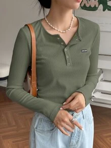 DAZY Chi tiết Patched thư Nút Nửa Áo thun - xanh quân đội - Xem 1