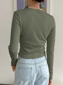 DAZY Chi tiết Patched thư Nút Nửa Áo thun - xanh quân đội - Xem 2