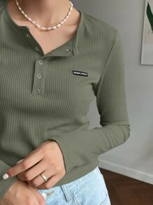 DAZY Chi tiết Patched thư Nút Nửa Áo thun - xanh quân đội - Xem 3