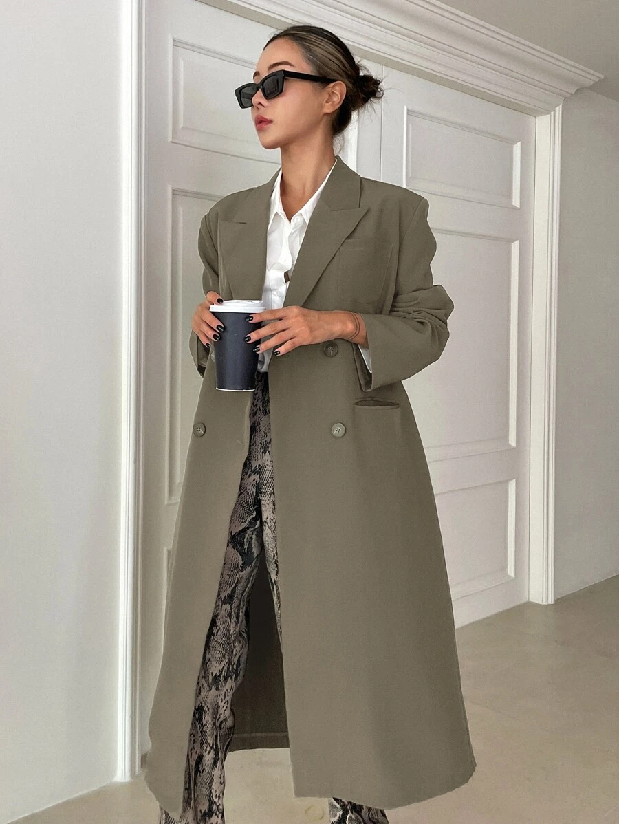 DAZY Lapel Neck Double Breasted Longline Coat,Fall Clothes Women Jacket - Khaki - View 1