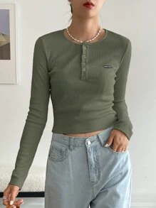 DAZY Chi tiết Patched thư Nút Nửa Áo thun - xanh quân đội - Xem 4