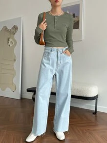 DAZY Chi tiết Patched thư Nút Nửa Áo thun - xanh quân đội - Xem 5