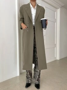 DAZY Lapel Neck Double Breasted Longline Coat,Fall Clothes Women Jacket - Khaki - View 3