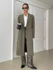 DAZY Lapel Neck Double Breasted Longline Coat,Fall Clothes Women Jacket - Khaki - View 4