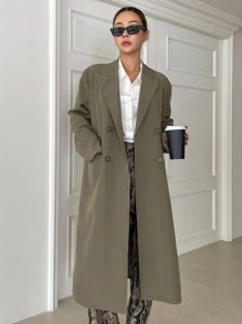 DAZY Lapel Neck Double Breasted Longline Coat,Fall Clothes Women Jacket - Khaki - View 5