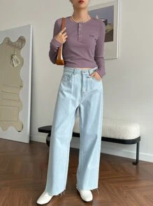 DAZY 字母贴片细节半纽扣T恤，秋装 - 淺灰紫 - 查看 5