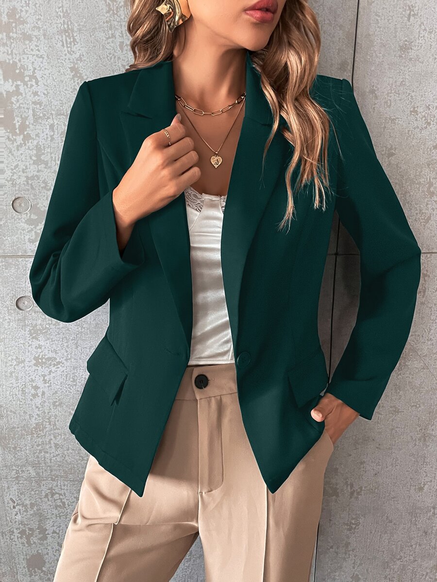 SHEIN Privé Single Button Flap Detail Blazer - Dark Green - View 1