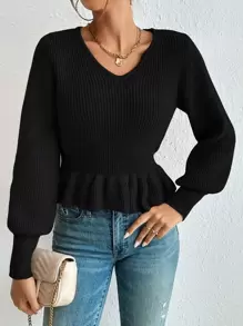 SHEIN Privé Ruffle Hem Lantern Sleeve Jumper - Black - View 1