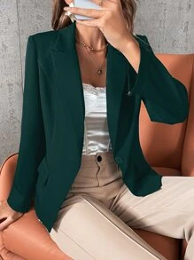 SHEIN Privé Single Button Flap Detail Blazer - Dark Green - View 6