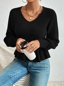 SHEIN Privé Ruffle Hem Lantern Sleeve Jumper - Black - View 3