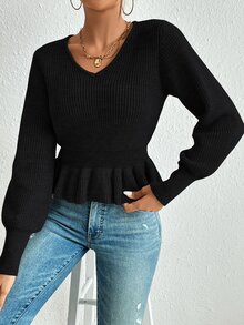 SHEIN Privé Ruffle Hem Lantern Sleeve Jumper - Black - View 5