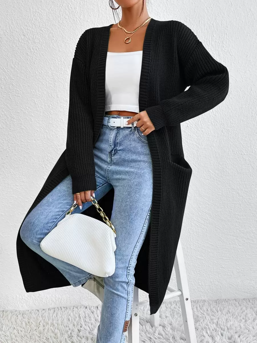 Chiquease Nữ Cardigans Túi màu trơn Giải trí - màu đen - Xem 1